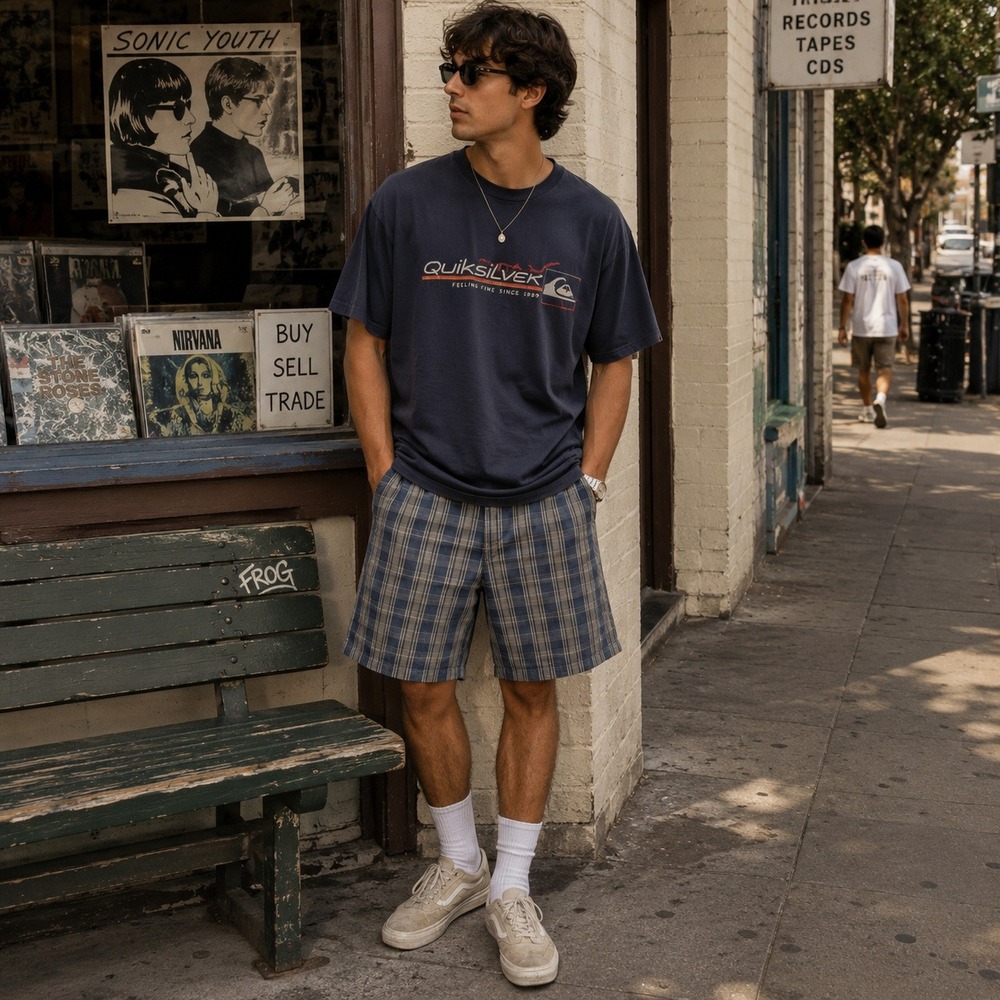 Vintage‎ 90s Pronto Uomo Mens 42 Blue Grey Plaid Cotton Flat Front Casual Shorts